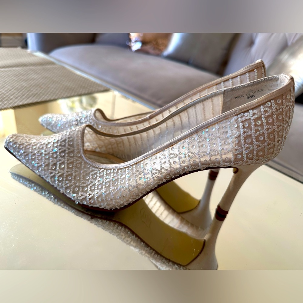 Caparros white beaded /nude mesh heels